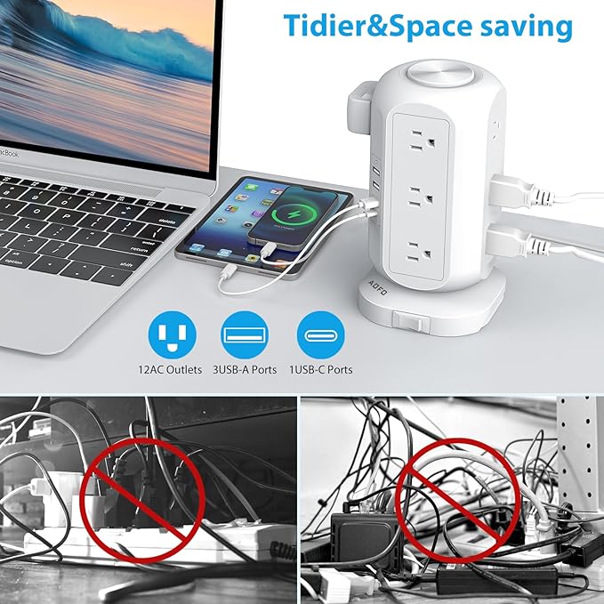 15 ft Long Extension Cord Power Strip Tower,AOFO Power Strip 12 AC Outlets 4 USB(1 USB C) Ports, Charging Tower Overload Protection with Multiple Outlets for Home Dorm Office