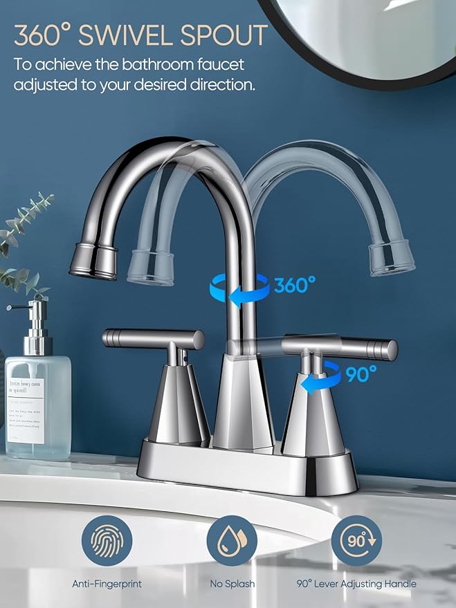 Cobbe Chrome Bathroom Faucets for Sink 3 Hole, 4 inch Chrome Bathroom Sink Faucet with Pop-up Drain and Supply Hoses, Stainless Steel Lead-Free Centerset Touch On Faucets for Bathroom Sink Vanity RV