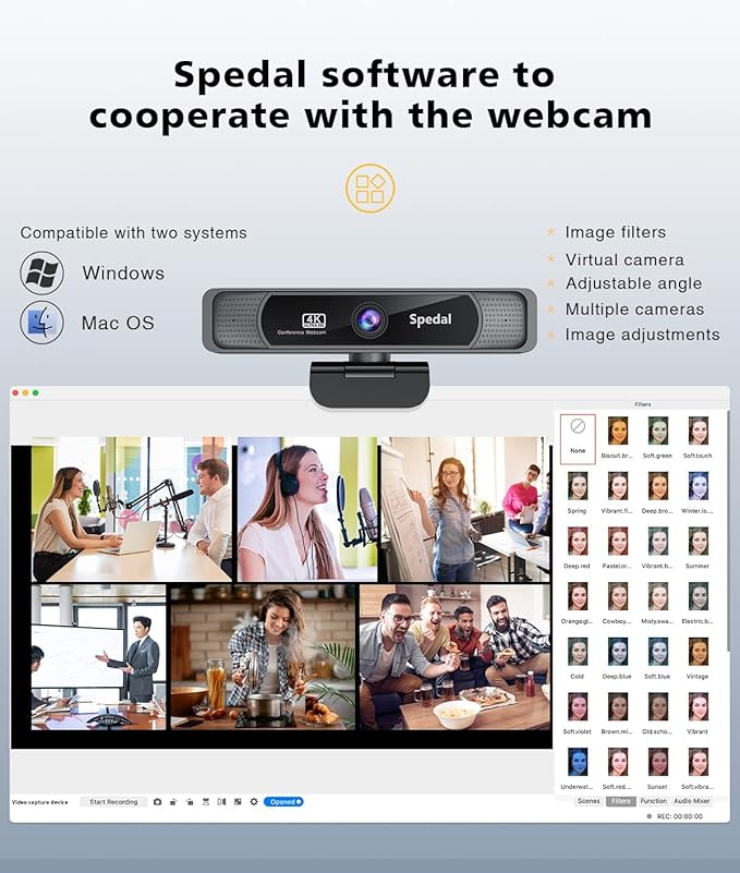Spedal 4K Webcam with Tripod, Wide Angle 120° USB Webcam, Sony 1/2.8" Sensor, Dual Microphones, Remote Control, Auto Focus for Video Conferencing, Online Meetings, Streaming, Zoom & Teams