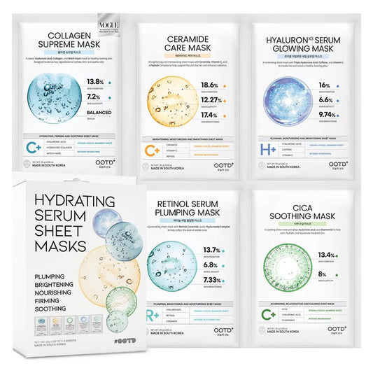 Hydrating Sheet Mask Starter Kit Variety Pack for Dry and Sensitive Skin, Korean Vegan Facial Sheet Mask for Men & Women, Collagen, Cica, Ceramide, Retinol (5-Count)