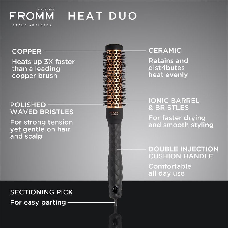 Fromm Heat Duo Copper x Ceramic 1" Round Brush for Expert Blowouts and Faster Hair Drying, Roller Hairbrush for Anti-static Styling, Smoothing, Straightening and Shine