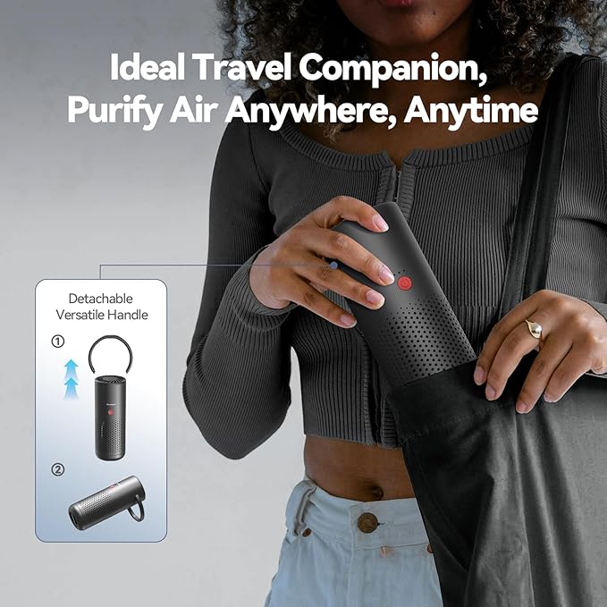 RoneAir Cordless Portable Air Purifier for Car, Small Room, Office with True HEPA Filter, Travel Air Purifier for Smoke, 0dor & Dust with USB C, Aroma Chamber (Grey)
