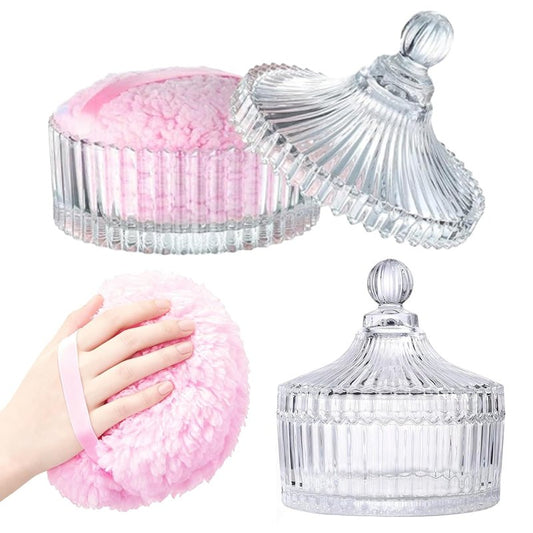 Extra Large Body Powder Puff & Crystal Glass Storage Jar - Dustproof Lid, Soft & Reusable Fluffy Puff for Skin Care