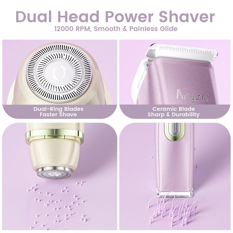 Arysn Bikini Trimmer for Women, 2 in 1 Dual Head Rechargeable Electric Shaver, Painless Pubic Hair Trimmer for Underarm Leg Arm Body Face– IPX7 Waterproof & Travel-Friendly, GoldPurple