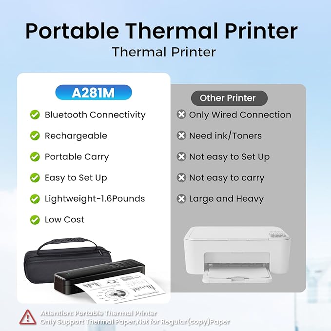 Portable Printers Wireless for Travel, Bluetooth Inkless Thermal Printer Support 8.5" X 11" US Letter, Small Mobile Printer for Phone Laptop, with Carry Case & 4 Rolls Thermal Paper, Dark Grey