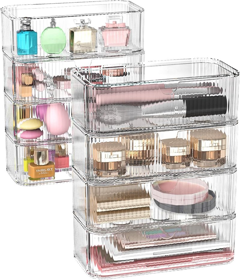Clear Stackable Storage Drawers - 8-Pack Multi-Purpose Organizers with Non-Slip Silicone Feet | Transparent Acrylic Bins for Vanity, Office, Bathroom, Pantry