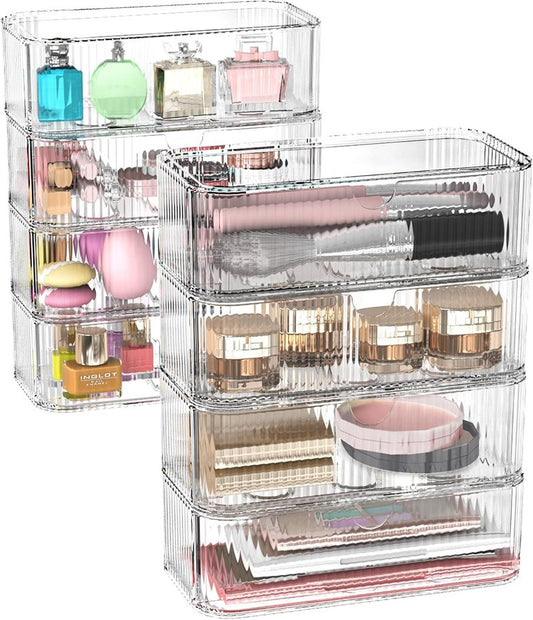 Clear Stackable Storage Drawers - 8-Pack Multi-Purpose Organizers with Non-Slip Silicone Feet | Transparent Acrylic Bins for Vanity, Office, Bathroom, Pantry