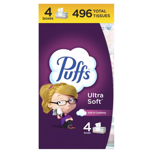 Puffs Ultra Soft Facial Tissues, 4 Family Size Boxes, 124 Facial Tissues per Box, Allergies and Colds