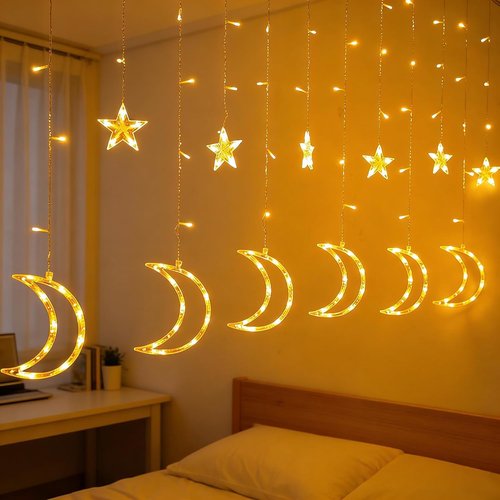 Dazzle Bright Ramadan Curtain String Lights - 138 LED Warm White Star & Moon Design | 8.2 FT Waterproof Decor