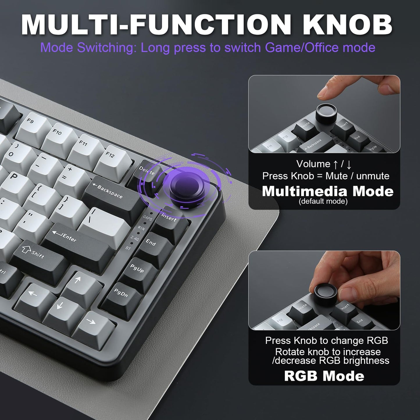YUNZII B75 PRO Wireless Mechanical Keyboard,75% Layout with Knob,Hot Swap Gasket Custom Structure,Creamy Pre-lubed Switches,RGB Backlit,BT/Type-C/2.4G for Win/Mac(Cocoa Cream V2 Switch,Dark Grey)