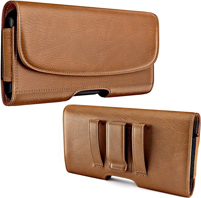 BOMEA Holster for Samsung Galaxy Ultra S25 S24 S23 S22 S21 Note 20, Google Pixel 8 9 Pro XL – Extra Large Cell Phone Belt Holder Case with Clip, ID Card Pouch - Brown