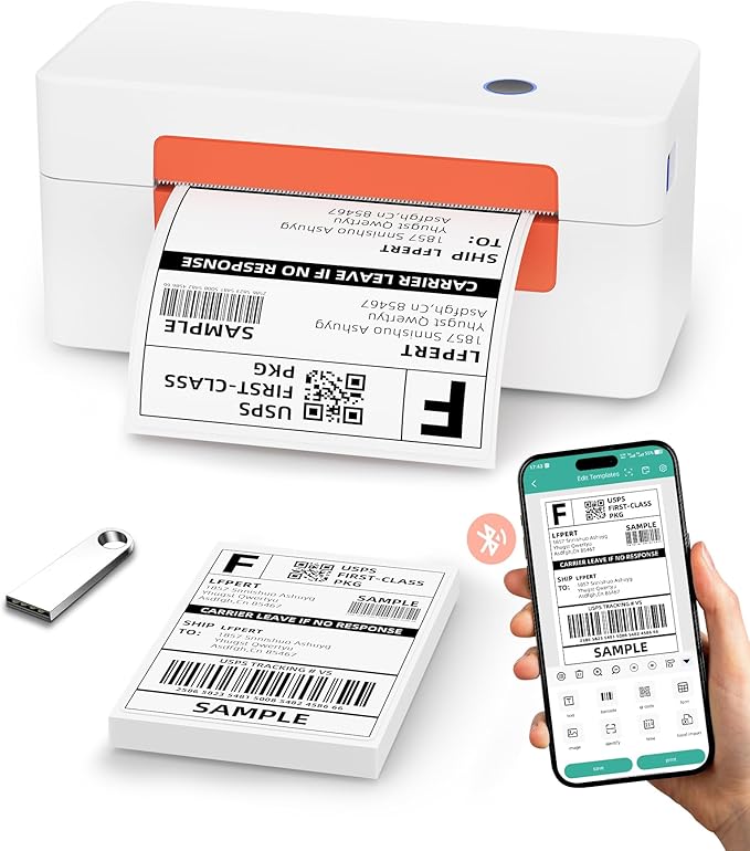 LFPERT Bluetooth Thermal Label Printer, Wireless 4x6 Shipping Label Printer for Small Business & Shipping Package Compatible with Android, iOS, Windows & Mac, Used for Amazon, Ebay, Shopify, USPS Etc