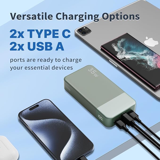NOBIS Portable Charger, 20000mAh Power Bank, 35W Power Bank Fast Charging, Battery Pack with C to C Cable, Battery Bank with Digital Display for iPhone Android etc (Green)