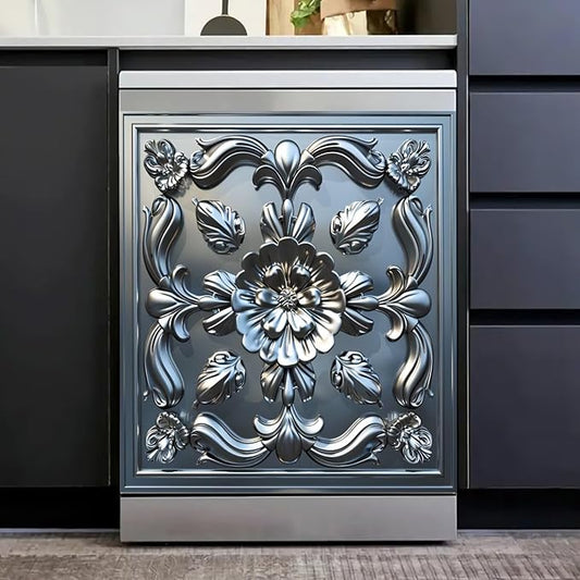 Stainless Steel Flower Pattern Dishwasher Magnetic Cover 3D Effect Decorate Panel Decal for Refrigerator Fridge Magnet Beautiful Flowers Magnets for Kitchen Home 23"x26"