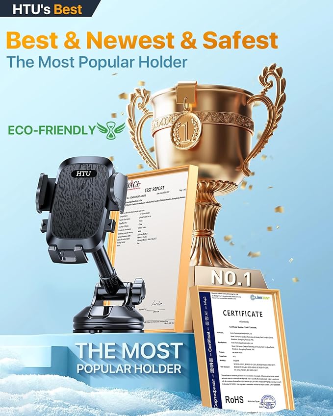 HTU Car Phone Holder【2026 Upgraded 100+LBS Suction & Safety Cert】 Cell Phone Car Mount for Truck Heavy Duty Phone Holder for Dashboard/Windshield/Vent for iPhone 17 16 Pro Max, Jet Black