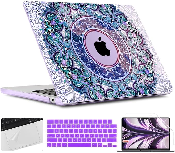 TWOLSKOO for MacBook Air 15 inch Case 2026 2025 2024 2023 Release M5 A3448 M4 A3241 M3 A3114 M2 A2941, Plastic Hard Shell & Screen Protector & Keyboard Cover & Trackpad Film, Purple Mandala