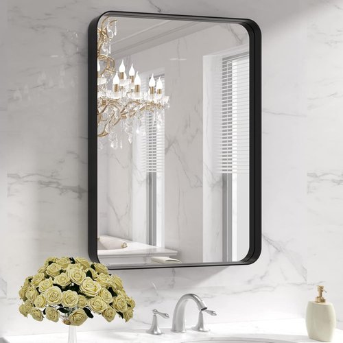 LOAAO Black Metal Framed Bathroom Mirror - 22x30 Inch Rounded Rectangle, Anti-Rust, Versatile Hanging Options