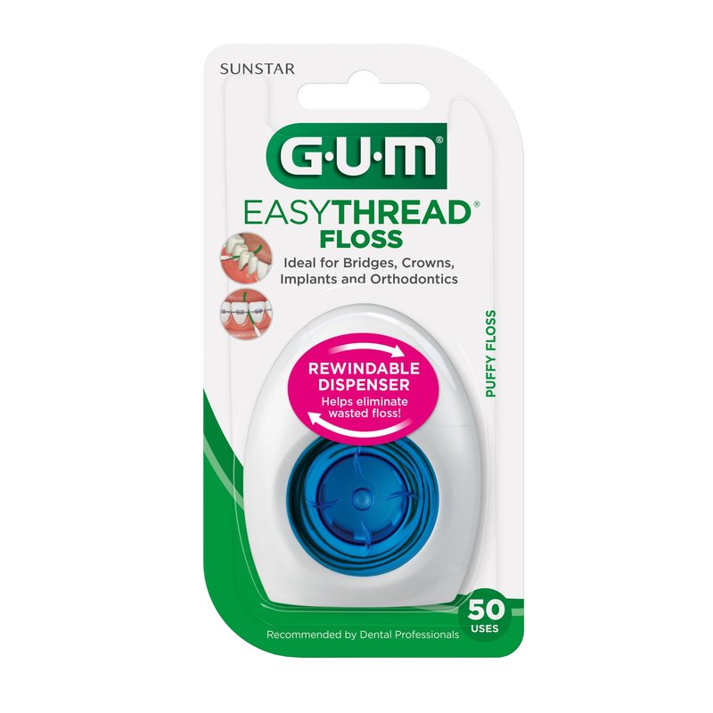 GUM EasyThread Threader Floss - Expanding Dental Floss for Braces, Bridges, and Implants - Built in Rigid Floss Threaders (50 Uses)