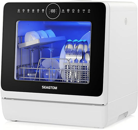 Portable Dishwashers for Camping and Home with 5l Water Tank, Hose, LED Light, 10 Wash Programs, Baby Care Mode, Dual Water Supply and 1h Hot Air Drying