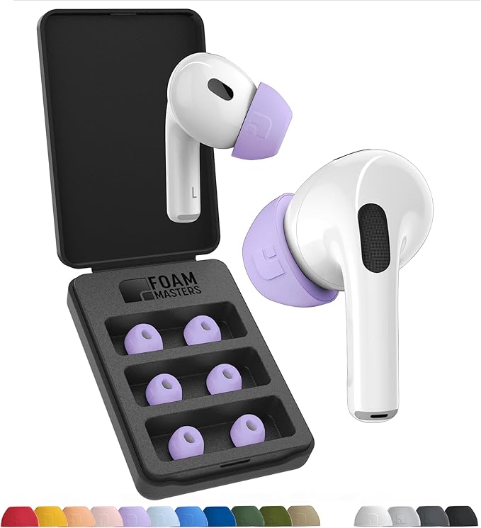 Foam Masters Ultra-Premium Memory Foam Ear Tips for AirPods Pro 1st & 2nd Gen | 3 Pairs | New Ver. | Secure Fit | Super Comfort | Better Noise Cancel | Replacement Buds (Large, Lilac Purple)