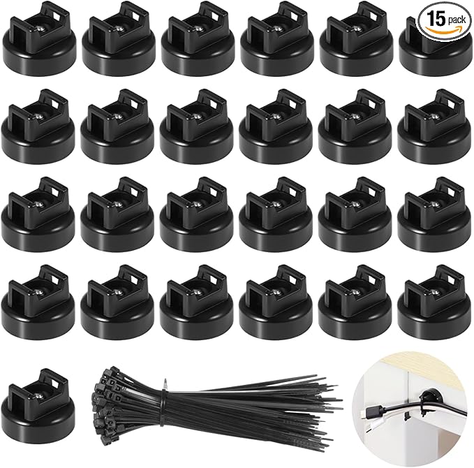 Magnetic Zip Tie Mounts 20mm, 15 Pack Cable Tie Mount Bases with 50 Zip Ties, Heavy Duty Cable Clips for Wire Management, Magnet Cord Holder Organizer for Desk, PC, Home Office