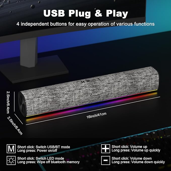 SOULION R100 Bluetooth Computer Speakers with Dynamic LED Light, USB Plug & Play PC Speakers with Switch Button, Clearly Sound Soundbar for Desktop Laptop Monitor Grey (USB-C to USB Adapter Included)