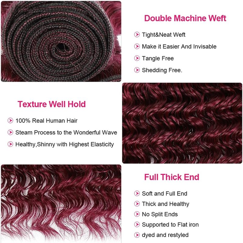 #99J Burgundy Bundles Human Hair Deep Wave Bundles 14 16 18 Inch Win Red Deep Wave Bundle Human Hair Extensions Double Weft Unprocessed Brazilian Virgin Hair 3 Bundle 50 Grams Per Bundle For Woman