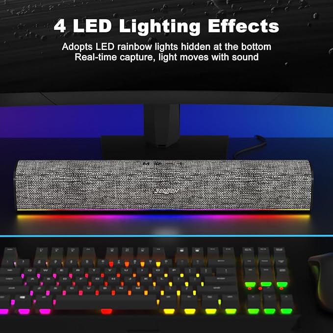 SOULION R100 Bluetooth Computer Speakers with Dynamic LED Light, USB Plug & Play PC Speakers with Switch Button, Clearly Sound Soundbar for Desktop Laptop Monitor Grey (USB-C to USB Adapter Included)