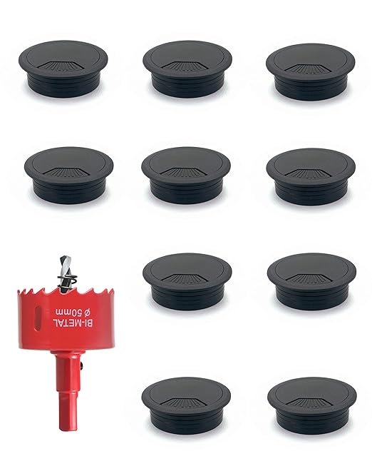 Bicafa 10 Pack Desk Grommet 50mm (2 inch) Bi-Metal Hole Saw Kit for Home Office,Cable Hole Covers,Black
