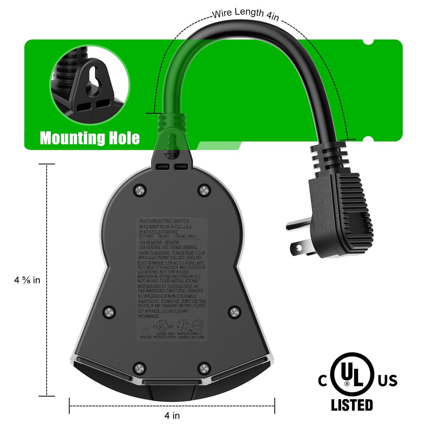 Outdoor Light Sensor Timer, 24 Hours Heavy Duty Waterproof Outlet Timer with 2, 4, 6 or 8 Hours Countdown Mode, 3 Grounded Electrical Outlet for Home Backyard Garden (2 Pack)