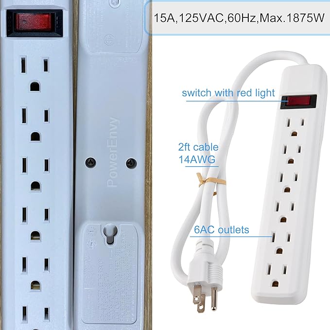 PowerEnvy 6-Outlet Surge Protector – 250 Joules, 2ft Cord, 15A/125V, 1875W Max – Right Angle Plug, Black – Home, Office, & Electronics Protection