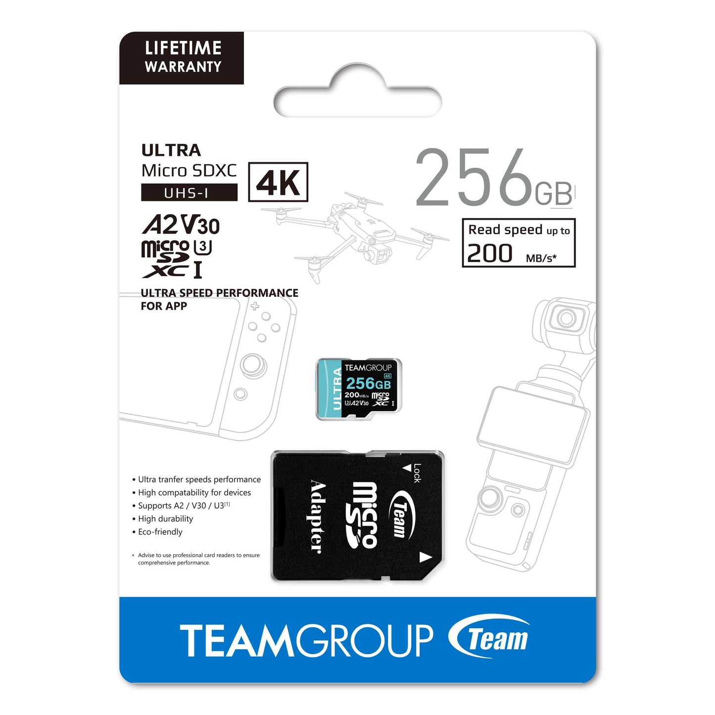 TEAMGROUP A2 Ultra Card 256GB MicroSDXC UHS-I U3 A2 V30, R/W up to 200/150MB/s for Nintendo-Switch1, Steam Deck, Gaming Devices, Tablets, Smartphones, 4K Shooting, with Adapter TULMSDX256GIA2V3022503
