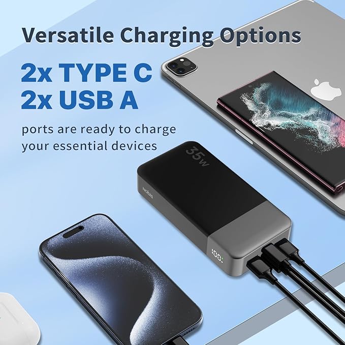NOBIS Portable Charger, 20000mAh Power Bank, 35W Power Bank Fast Charging, Battery Pack with C to C Cable, Battery Bank with Digital Display for iPhone Android etc (Black)