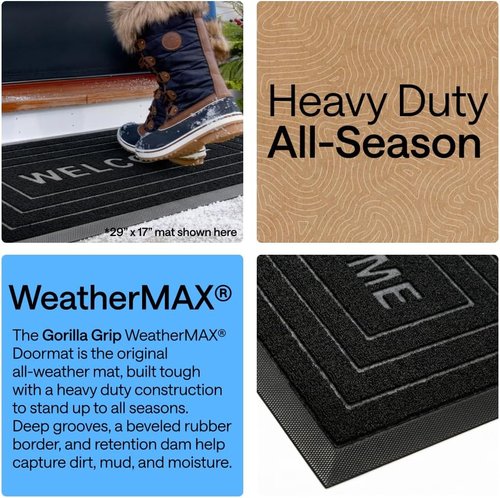 GORILLA GRIP Waterproof All-Season WeatherMAX Doormat - 35x23 Natural Rubber, Stain & Fade Resistant, Easy Clean Black