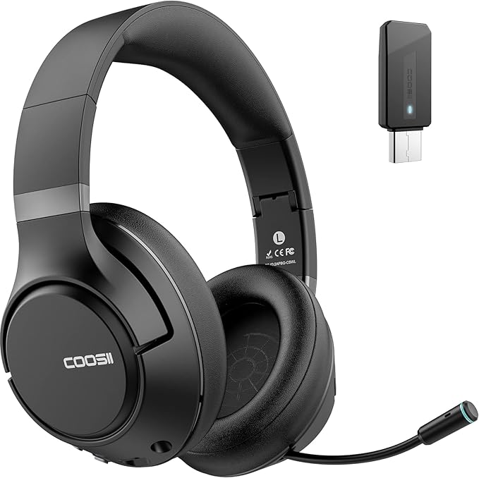 COOSII H300 Wireless Headphones with Microphone, Over Ear Bluetooth Headsets with USB Dongle & Mute, Environmental Noise Cancelling Retractable Mic for Work Office Call Center Laptop Computer (Black)
