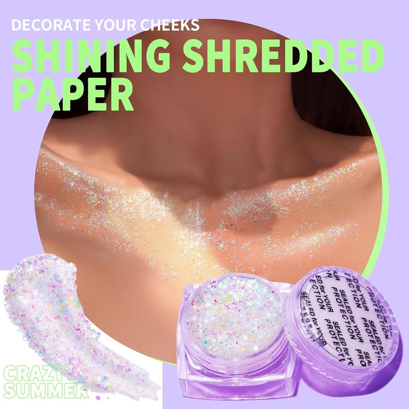 Face Glitter Gel for Women - Clear White Body Glitter with 6 Shapes | Chunky Rave Makeup Sequins