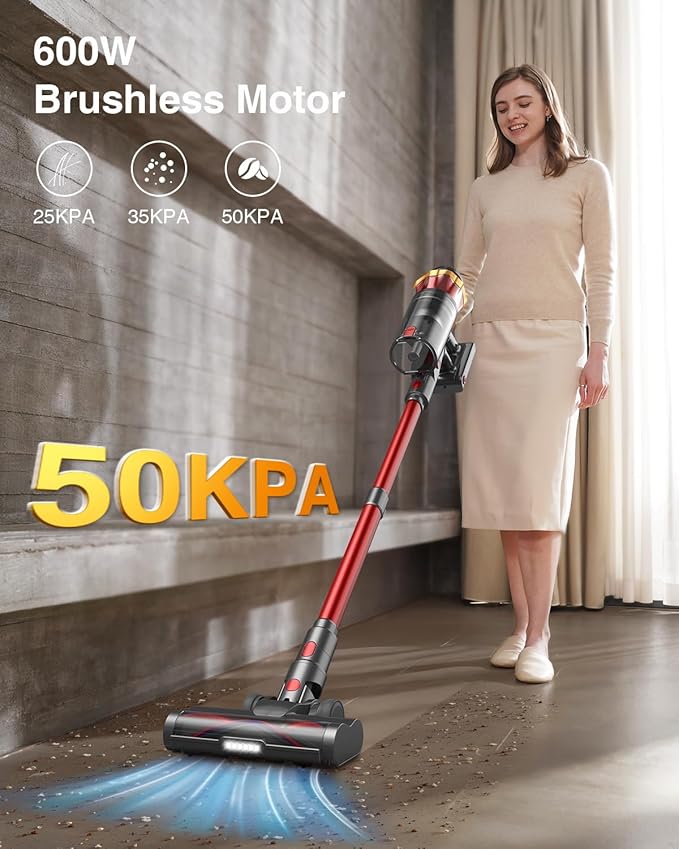 Cordless Vacuum Cleaner, 650W/55KPa 70Mins Vacuum Cleaners for Home, Self-Standing Stick Vacuum with Anti-Tangle Brush & OLED Touch Screen, Vacuum Cleaner for Hardwood Floors,Carpet,Pet Hair,Car (Red)