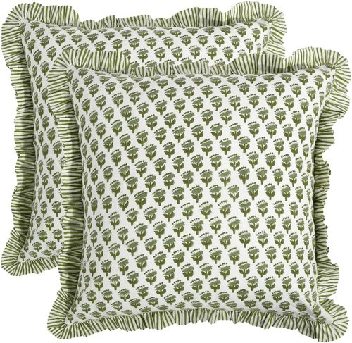 CPC Block Print Ruffle Throw Covers - Emerald Green 20"x20" | 100% Cotton Decorative Pillows for Living Room & Bedroom