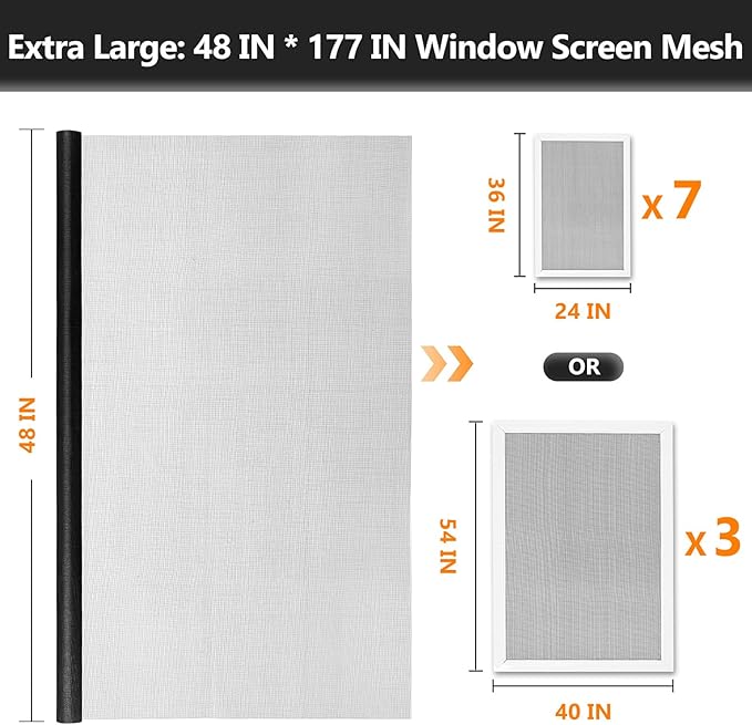 Secopad Window Screen Door Repair Kit, 48" x 177" Screen Door Mesh Replacement Kit, Durable Fiberglass Mesh Roll with Tools for Windows Doors Patio and Porch Replacement, Black