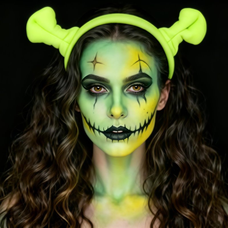 PASNOWFU Halloween Makeup Kit for Shrek, Water-Based Non-Toxic Face Paint Set with Headband, Ogre Green Face Paint for Halloween Cosplay SFX Makeup, Costume Parties, Theatre,Stage Shows