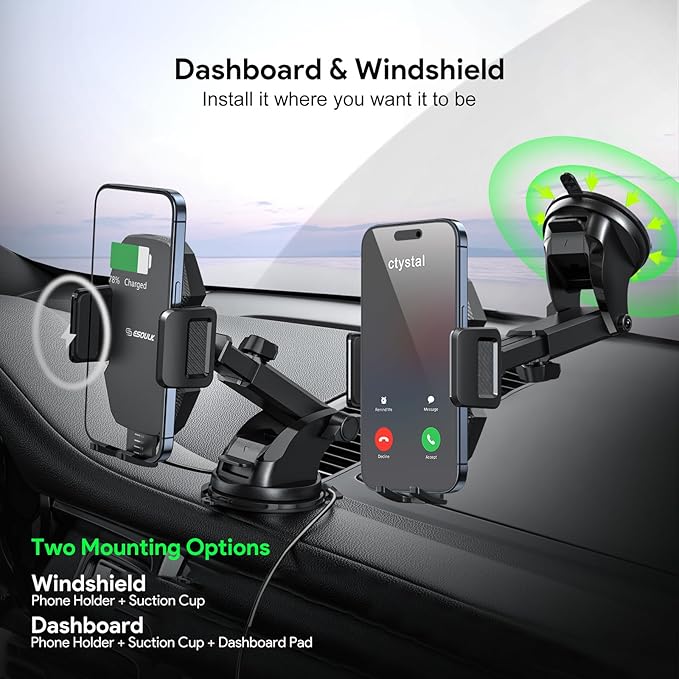 Esoulk Wireless Car Charger Phone Mount, 15W Fast Charging Car Mount Charger with Auto Clamping, Car Charger Phone Holder for iPhone, Wireless Charger Car Mount for Dashboard & Windshield