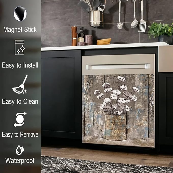 Vintage Wood Dishwasher Cover Kitchen Decorative,Rustic Wooden Dishwasher Magnet Cover Decor Cotton Flower Sticker,Retro Farm Floral Dishwasher Decal Home Appliance Panel Stickers 23"x26"