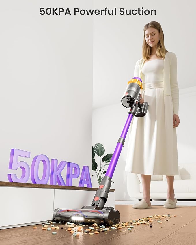 Cordless Vacuum Cleaner, 650W 55KPA 70 Mins Vacuum Cleaners for Home, Self-Standing Cordless Vacuum with Charging Dock Station, LED Display, Upgraded Anti-Tangle Stick Vacuum for Pet Hair/Carpet/Floor