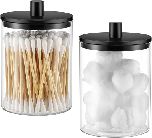 TIPGO Glass Qtip Holder Dispenser - 10 oz Clear Canister for Cotton Swabs & Makeup Storage | 2 Pack, Black