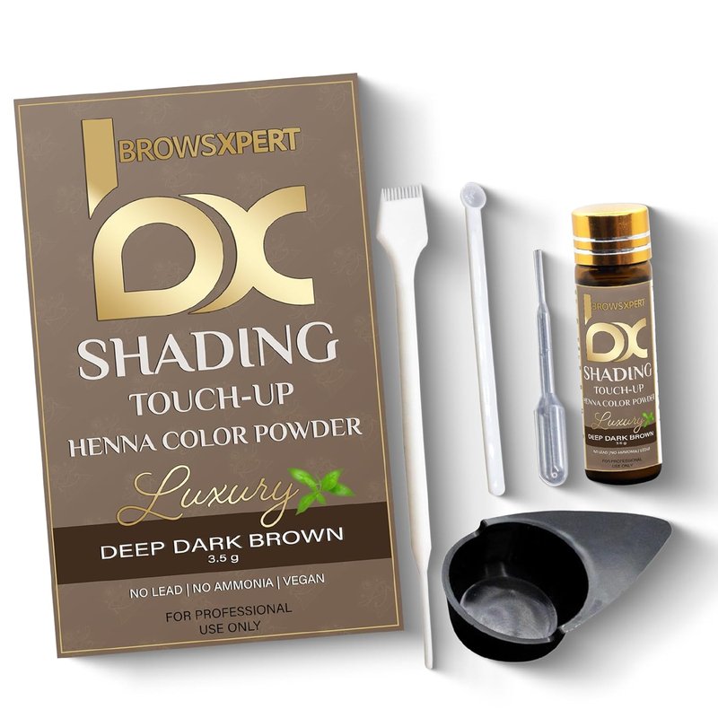 **Professional Shading Touch-Up Kit - Herbal Henna Color Powder with Mixing Dish, Stir & Brush | 3.5g | Natural Deep Dark Brown**