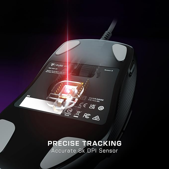 Turtle Beach Pure SEL Wired RGB Gaming Mouse, Ultra-Light 49g Ergonomic Design, 8000 DPI Optical Sensor, Mechanical Switches, Pretension System, Pure PTFE Glides, AIMO RGB Lighting – Black