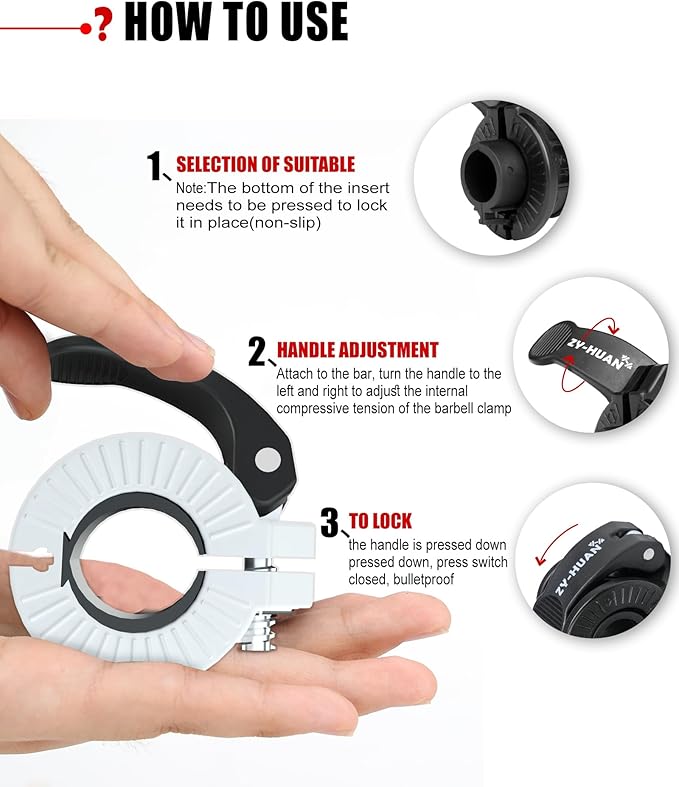 ZY-HUAN Pro Barbell Clips 1 inch Barbell Clamps 0.9-1.18inch Quick Release Weight Clips for Bars Multi-Size Adjustable Olympic Barbell Clamps (Black+White)