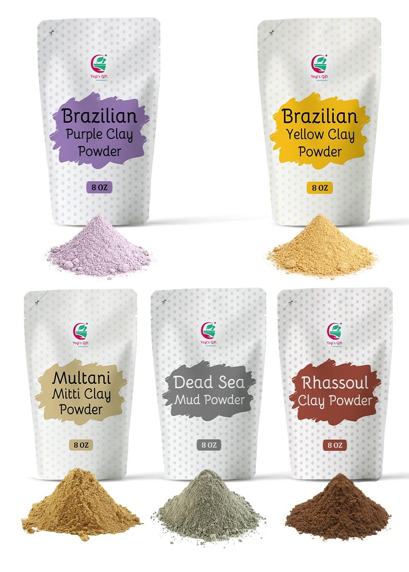 Pack of 5 Cosmetic Clay Powders | Clays for Soap Making and Mask Making | Multani Mitti, Rhassoul, Dead Sea Mud, Yellow & Purple Clay Powders | 8oz Each | Best Colorful Clays for DIY | Yogi’s Gift®