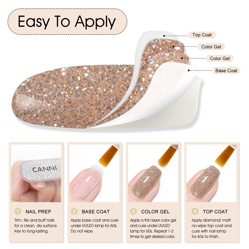 CANNI Gel Polish Glitter Gel Nail Polish Set, 8 Colors Champagne Silver Rose Gold Pink Black Shiny Glitter Gel U V LED Soak Off Manicure Kit Gift for Women Girls