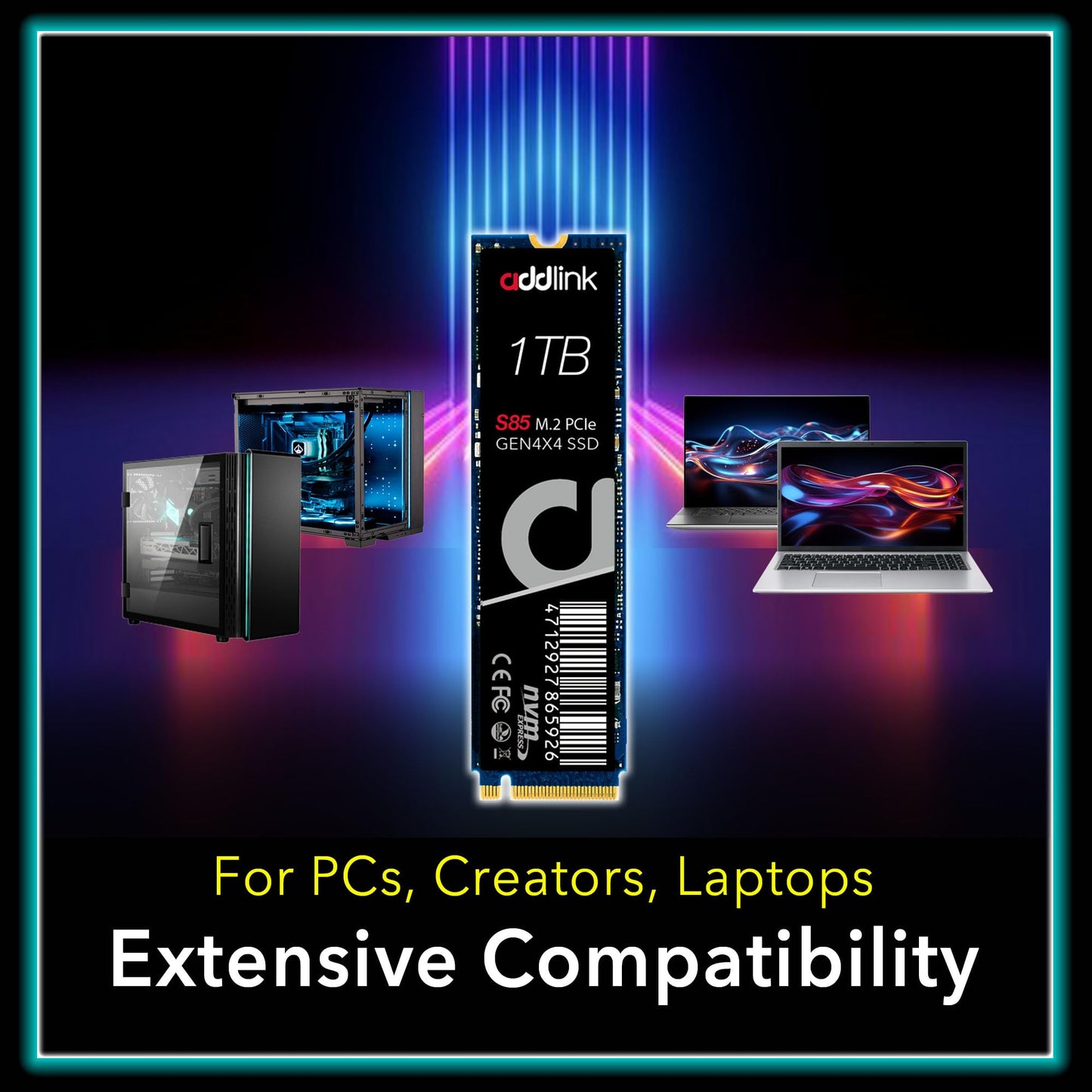 Addlink S85 1TB NVMe SSD M.2 2280 PCIe 4.0 Gen4 Internal Solid State Drive, Up to 6000MB/s, HMB Technology, 3D TLC NAND, Storage Upgrade for Laptop, Desktop PC, Gaming, Creators (ad1TBS85M2P)